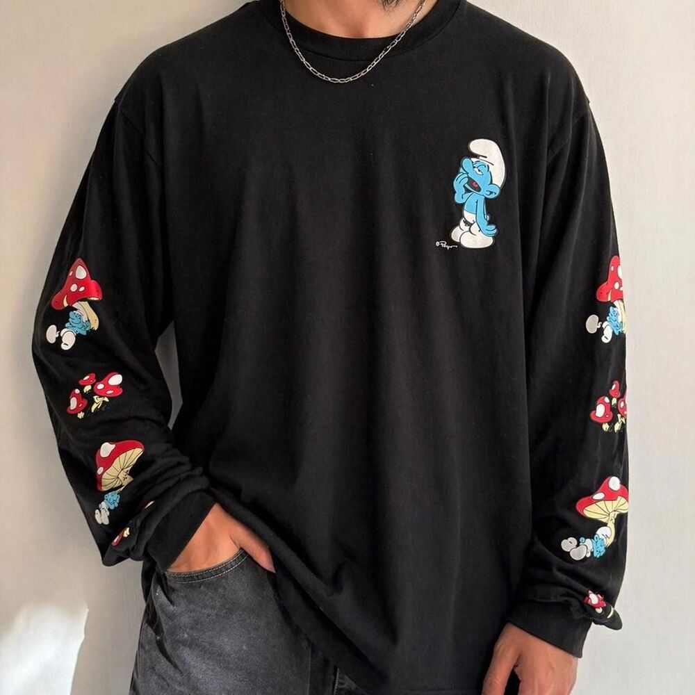 Smurfs Graphic Long Sleeve Shirt Black Cartoon Y2K Streetwear